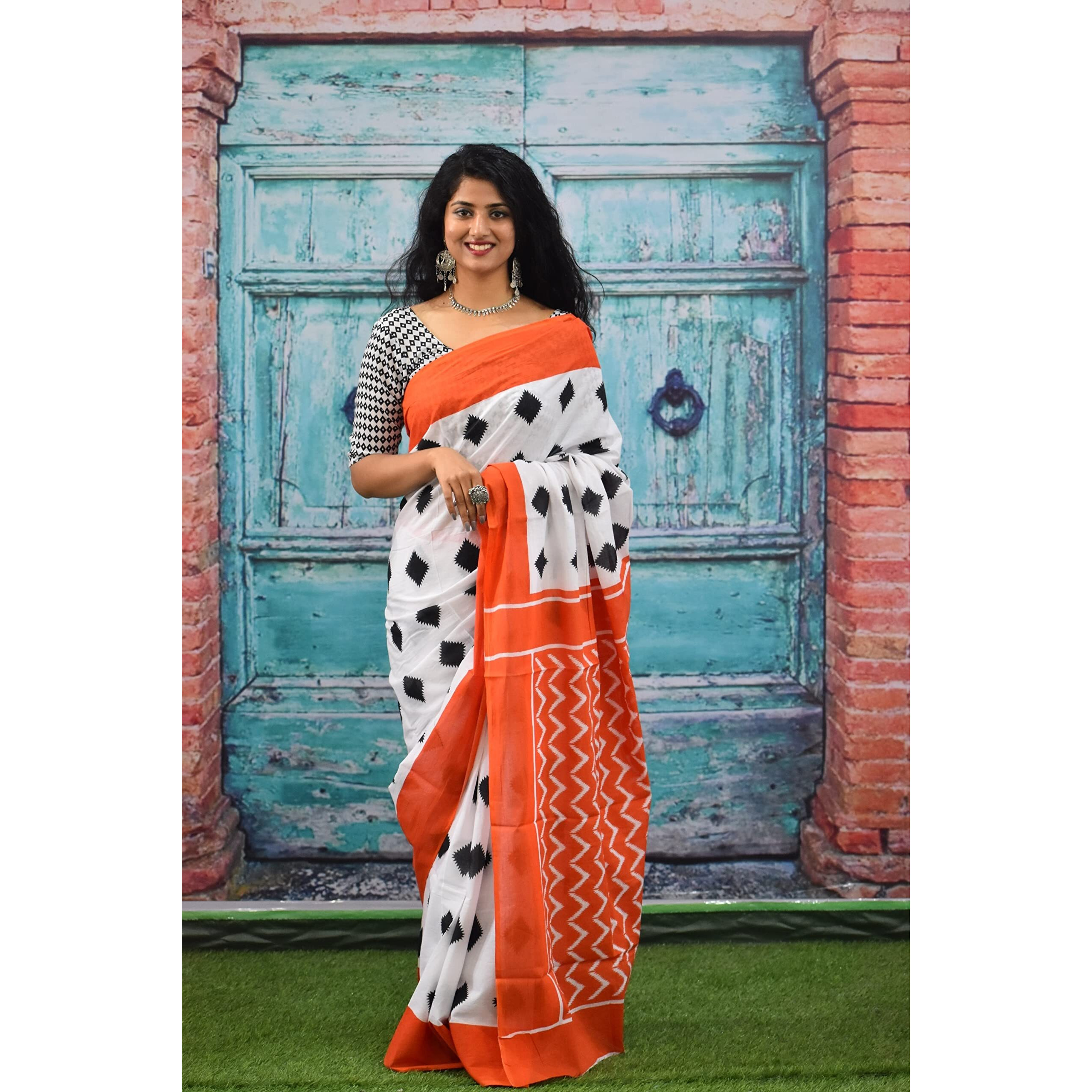 Kiaaron Womens Ikat Hand Block Print Jaipuri Cotton Mulmul Saree with Blouse Piece - White_129