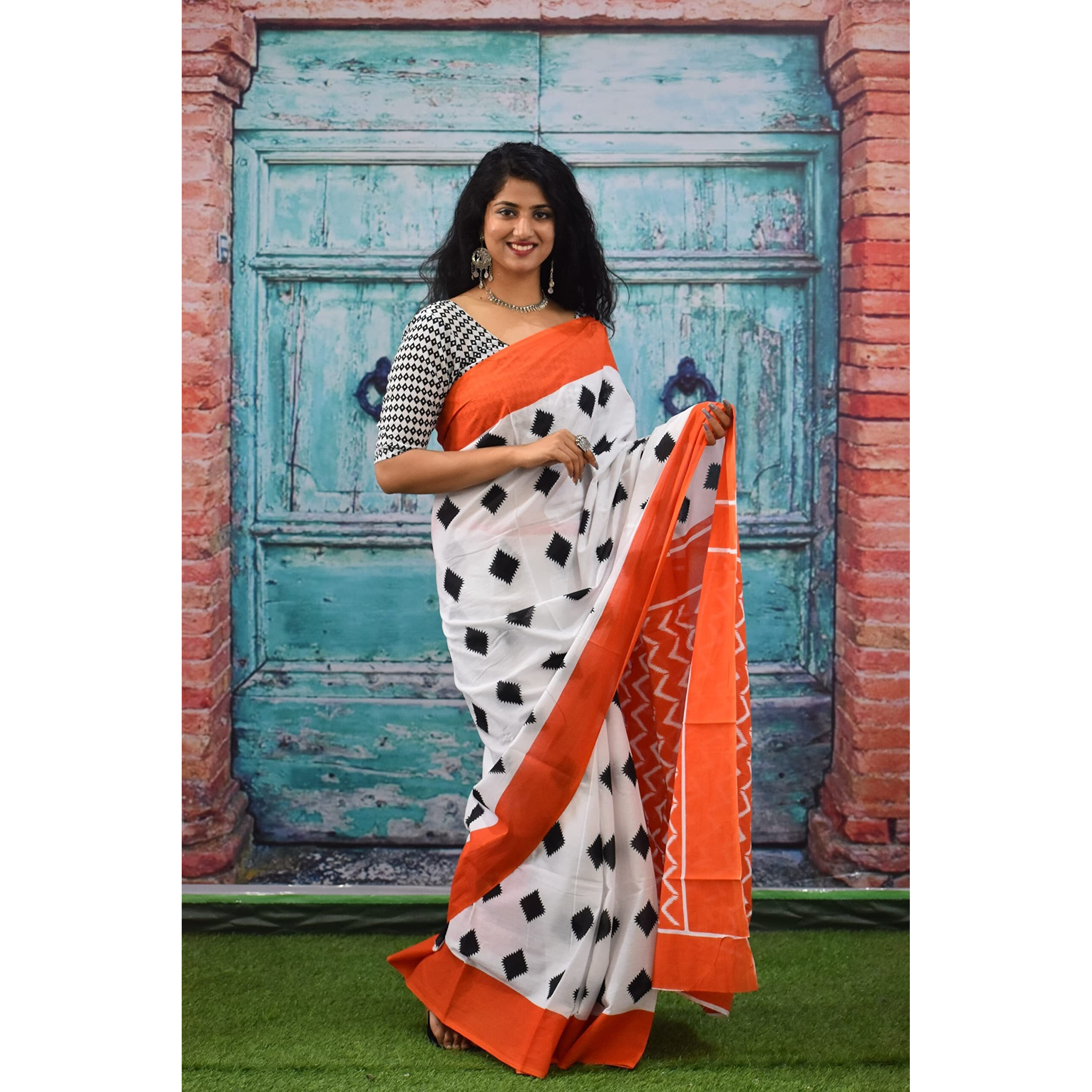 Kiaaron Womens Ikat Hand Block Print Jaipuri Cotton Mulmul Saree with Blouse Piece - White_129