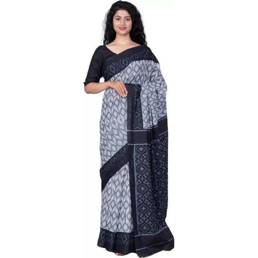 Kiaaron Handicrafts Jaipuri Ikat Hand Block Print Womens Cotton Mulmul Saree with Blouse Piece - Grey_0072