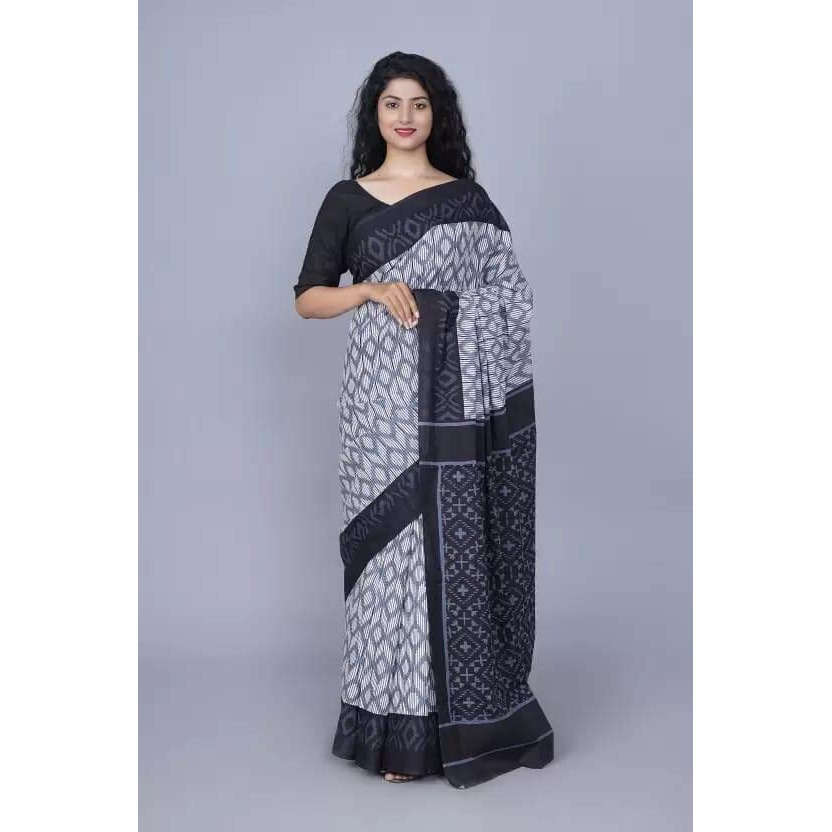 Kiaaron Handicrafts Jaipuri Ikat Hand Block Print Womens Cotton Mulmul Saree with Blouse Piece - Grey_0072
