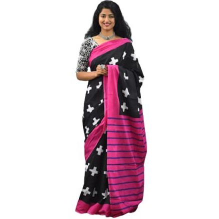 Kiaaron Womens Ikat Hand Block Print Jaipuri Cotton Mulmul Saree with Blouse Piece -Pink_Kia2