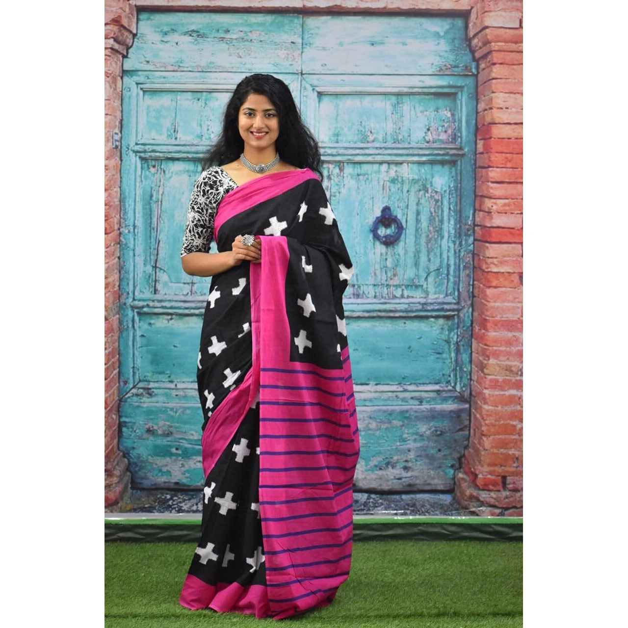 Kiaaron Womens Ikat Hand Block Print Jaipuri Cotton Mulmul Saree with Blouse Piece -Pink_Kia2