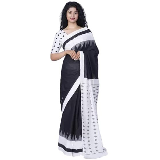 Kiaaron Handicrafts Jaipuri Ikat Hand Block Print Womens Cotton Mulmul Saree with Blouse Piece -Black_0085