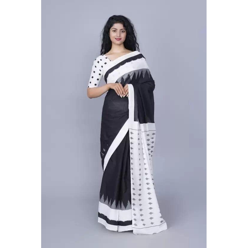 Kiaaron Handicrafts Jaipuri Ikat Hand Block Print Womens Cotton Mulmul Saree with Blouse Piece -Black_0085