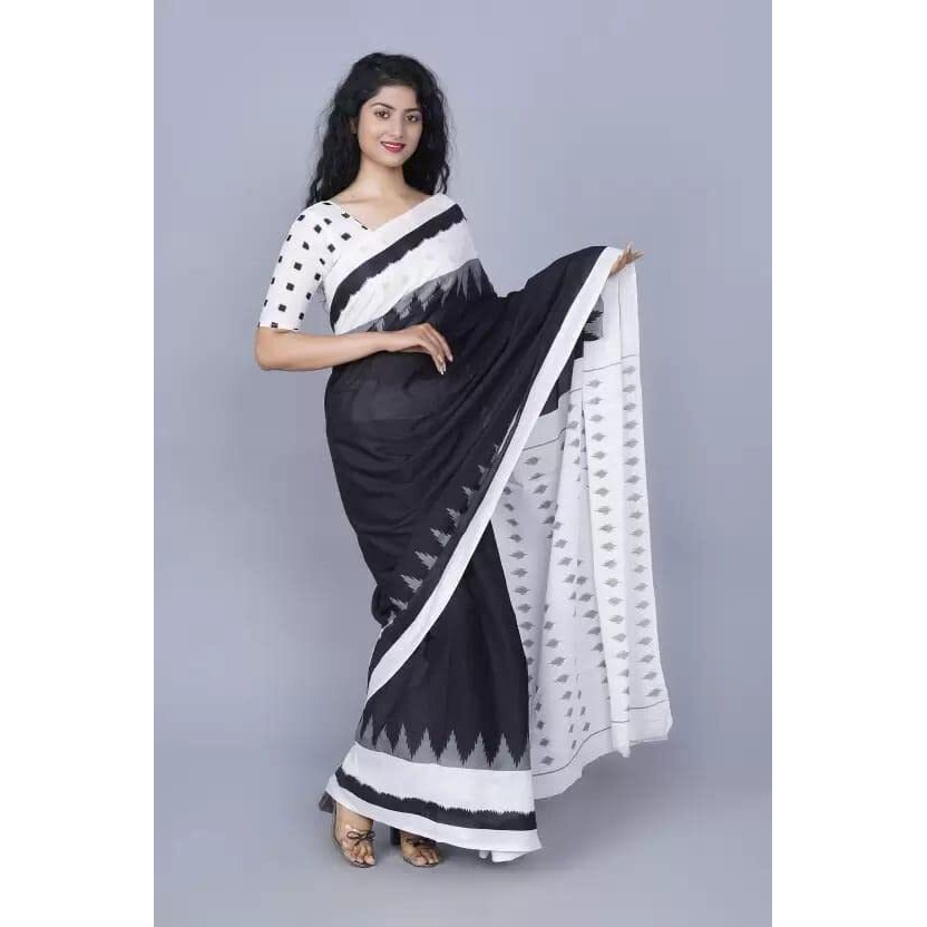 Kiaaron Handicrafts Jaipuri Ikat Hand Block Print Womens Cotton Mulmul Saree with Blouse Piece -Black_0085