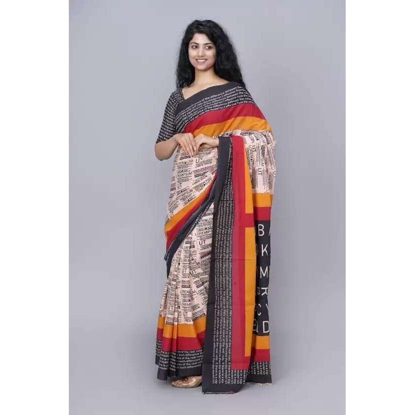 Kiaaron Handicrafts Jaipuri Ikat Hand Block Print Womens Cotton Mulmul Saree with Blouse Piece -Peach_0071