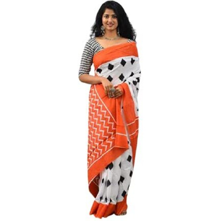 Kiaaron Womens Ikat Hand Block Print Jaipuri Cotton Mulmul Saree with Blouse Piece -Orange_Kia7