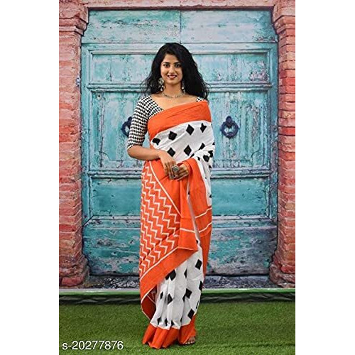 Kiaaron Womens Ikat Hand Block Print Jaipuri Cotton Mulmul Saree with Blouse Piece -Orange_Kia7