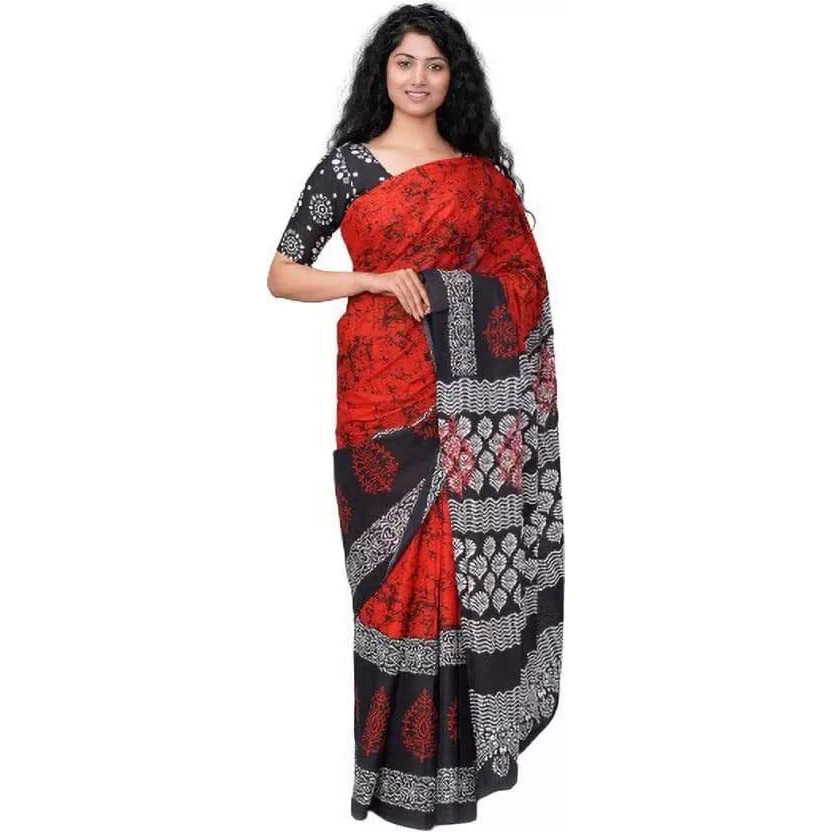 Kiaaron Handicrafts Jaipuri Ikat Hand Block Print Womens Cotton Mulmul Saree with Blouse Piece -Red_0084