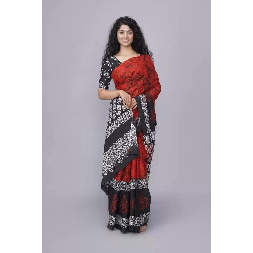 Kiaaron Handicrafts Jaipuri Ikat Hand Block Print Womens Cotton Mulmul Saree with Blouse Piece -Red_0084