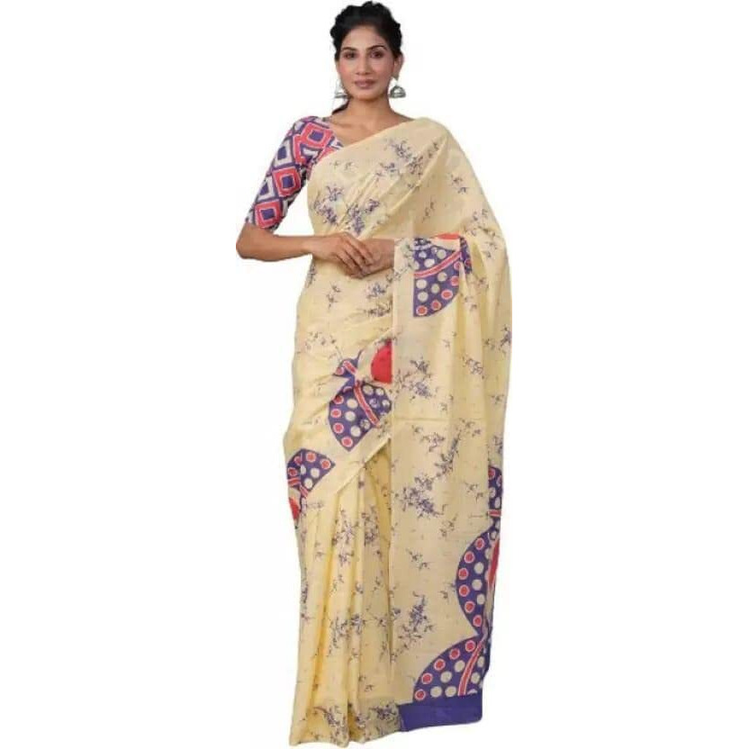Kiaaron Handicrafts Jaipuri Ikat Hand Block Print Womens Cotton Mulmul Saree with Blouse Piece -Peach_0087
