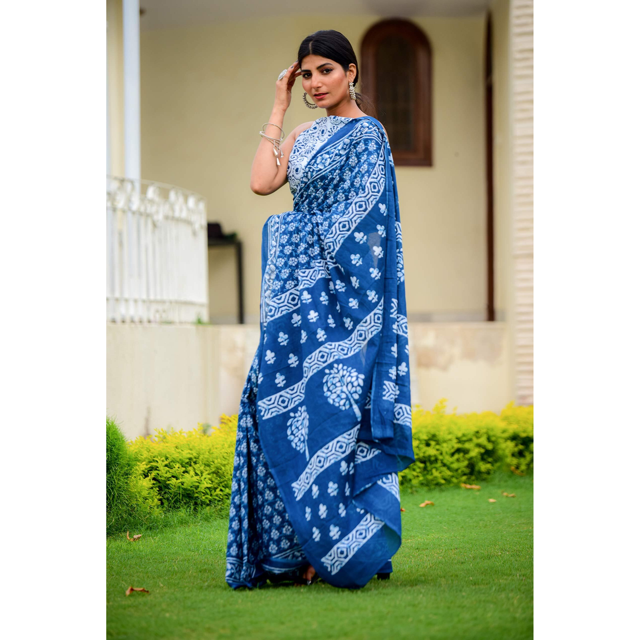Kiaaron Womens Ikat Hand Block Print Jaipuri Cotton Mulmul Saree with Blouse Piece -Blue_Shiv680