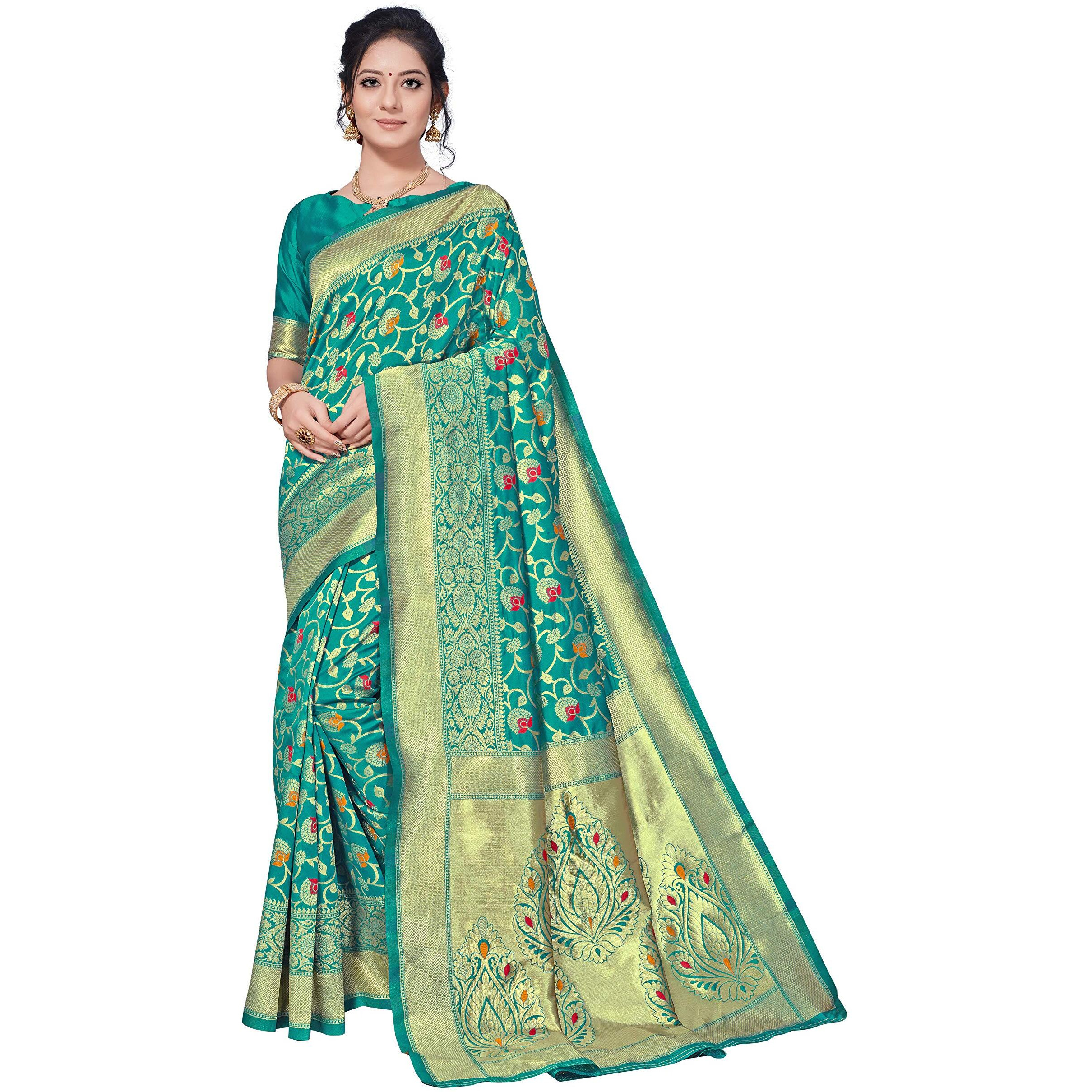 AKHILAM Womens Kanjivaram Silk Woven Design Saree With Unstitched Blouse Piece(Teal Blue_VORE8013)