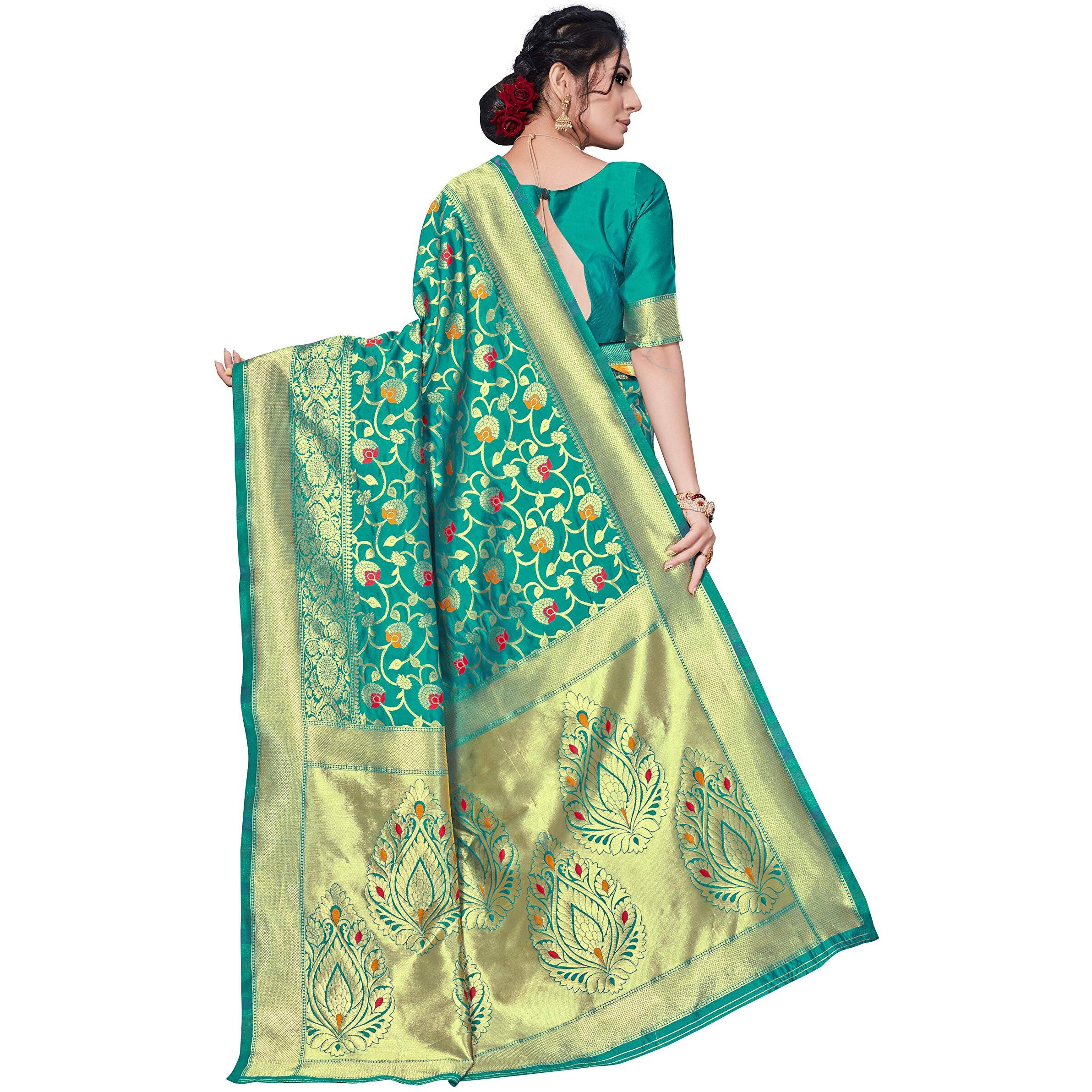AKHILAM Womens Kanjivaram Silk Woven Design Saree With Unstitched Blouse Piece(Teal Blue_VORE8013)