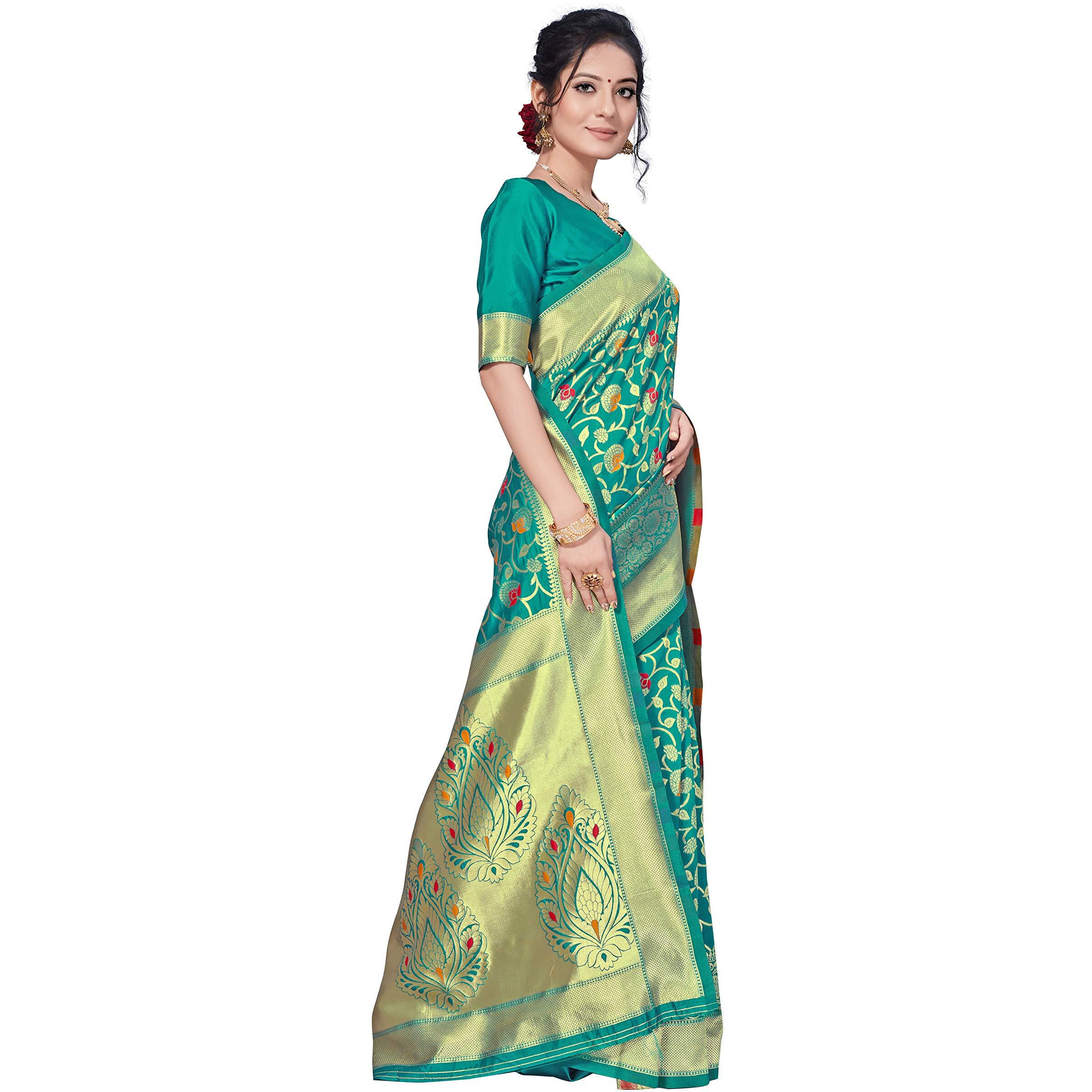 AKHILAM Womens Kanjivaram Silk Woven Design Saree With Unstitched Blouse Piece(Teal Blue_VORE8013)