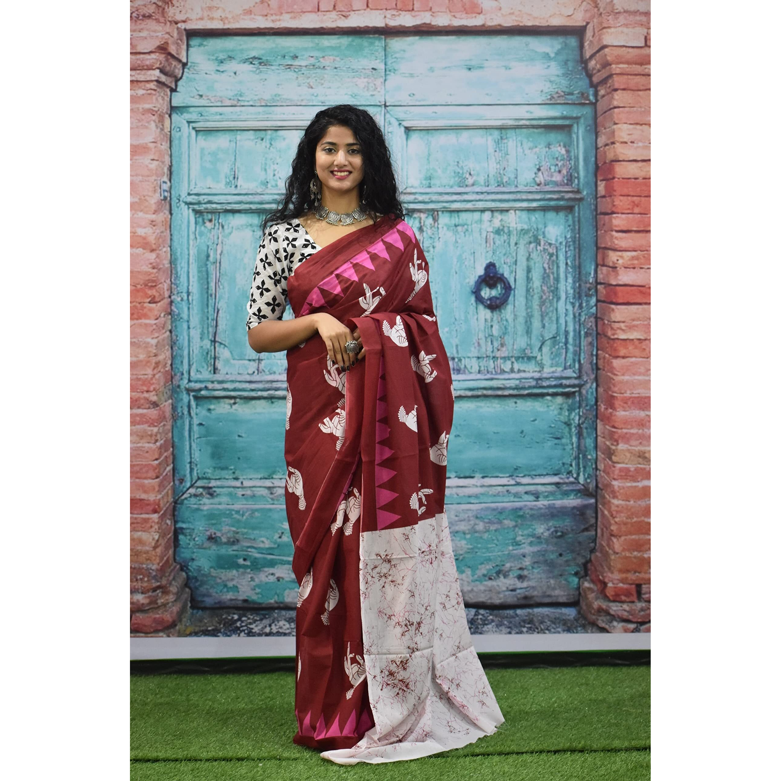 Kiaaron Womens Ikat Hand Block Print Jaipuri Cotton Mulmul Saree with Blouse Piece - Maroon_309
