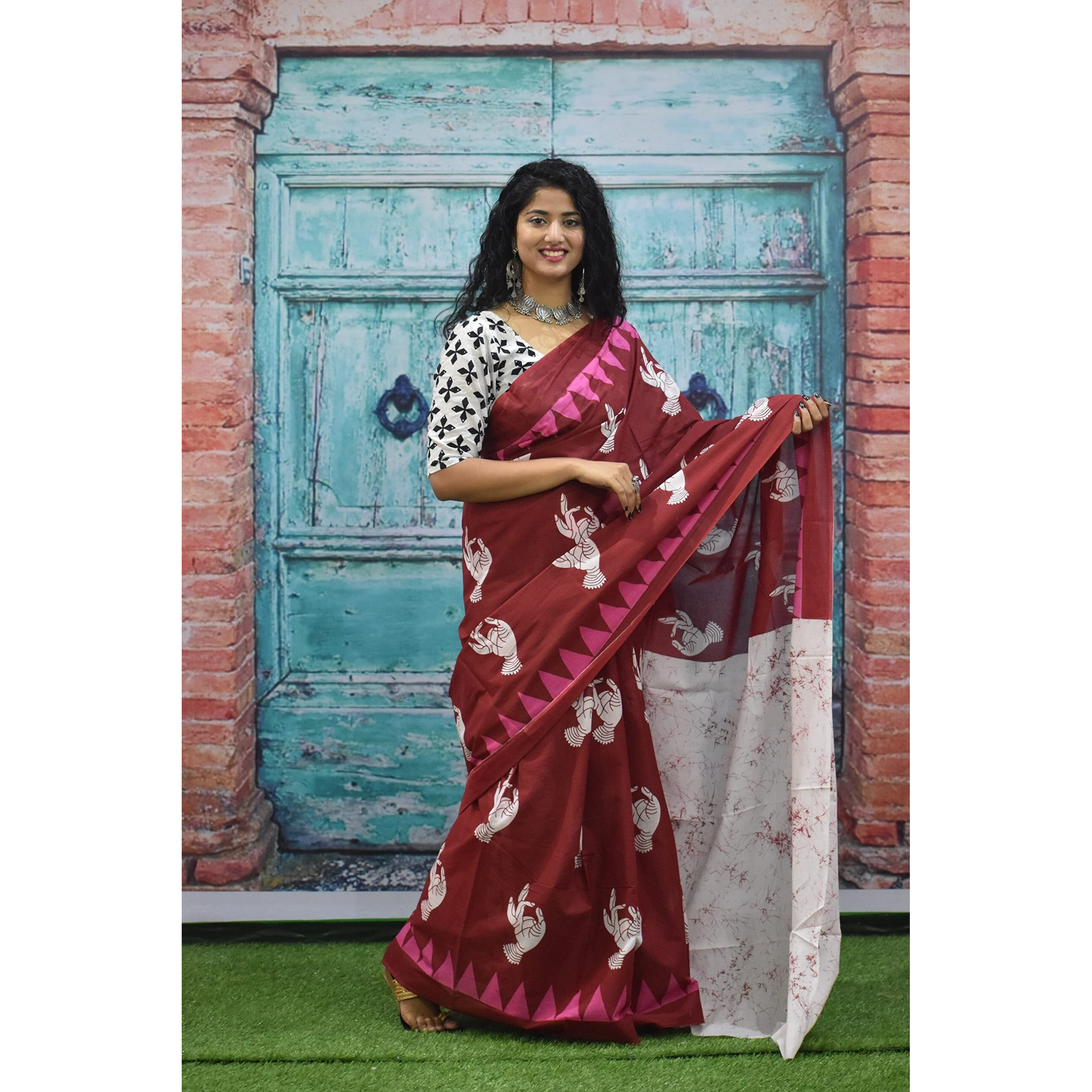 Kiaaron Womens Ikat Hand Block Print Jaipuri Cotton Mulmul Saree with Blouse Piece - Maroon_309