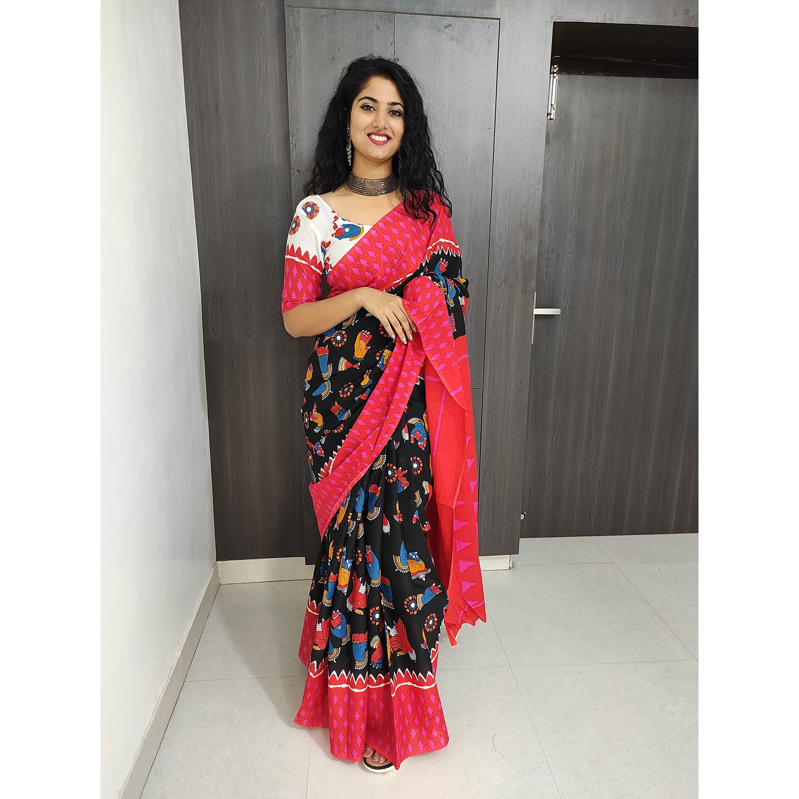 Kiaaron Womens Ikat Hand Block Print Jaipuri Cotton Mulmul Saree with Blouse Piece - Red_307