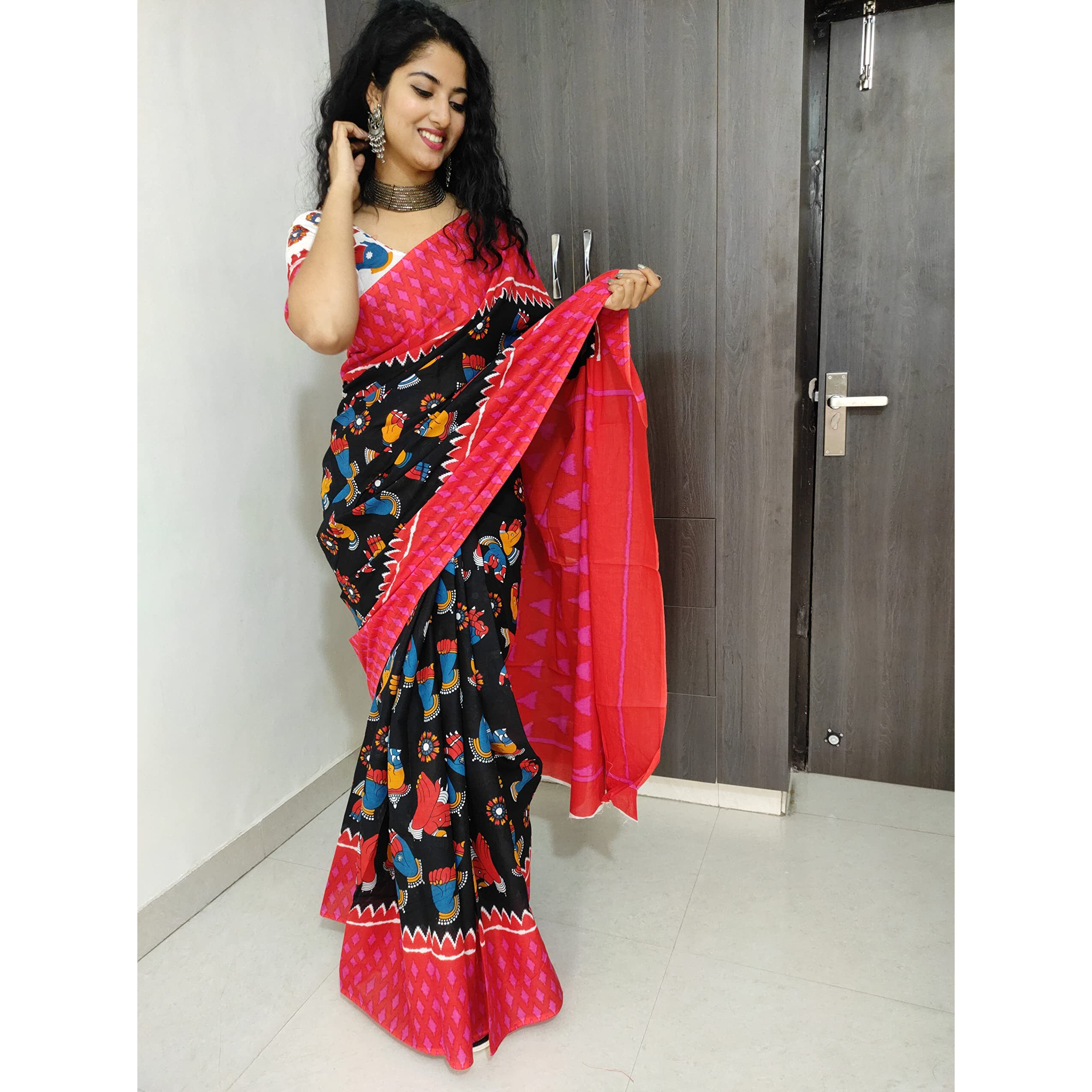 Kiaaron Womens Ikat Hand Block Print Jaipuri Cotton Mulmul Saree with Blouse Piece - Red_307