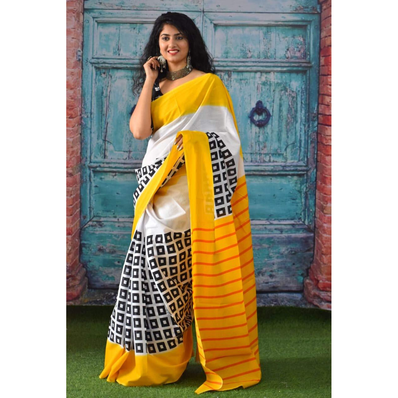 Kiaaron Womens Hand Block Kalamkari Batik Bagru Jaipuri Ikat Printed Handloom Pure Cotton Mulmul Traditional Ethnic Cotton Sarees With Printed Blouse Piece - Yellow