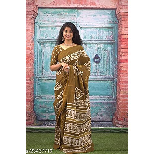 Kiaaron Womens Hand Block Kalamkari Batik Bagru Jaipuri Ikat Printed Handloom Pure Cotton Mulmul Traditional Ethnic Cotton Sarees With Printed Blouse Piece - Brown