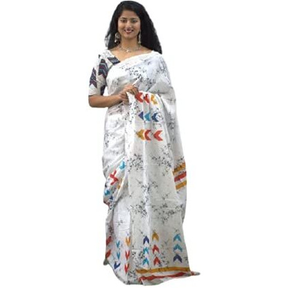 Kiaaron Womens Hand Block Kalamkari Batik Bagru Jaipuri Ikat Printed Handloom Pure Cotton Mulmul Traditional Ethnic Cotton Sarees With Printed Blouse Piece - White
