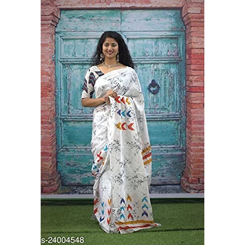 Kiaaron Womens Hand Block Kalamkari Batik Bagru Jaipuri Ikat Printed Handloom Pure Cotton Mulmul Traditional Ethnic Cotton Sarees With Printed Blouse Piece - White