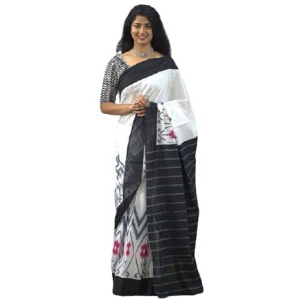 Kiaaron Womens Hand Block Kalamkari Batik Bagru Jaipuri Ikat Printed Handloom Pure Cotton Mulmul Traditional Ethnic Cotton Sarees With Printed Blouse Piece - White