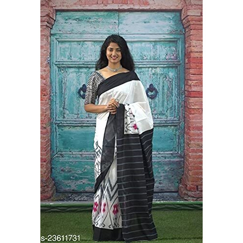 Kiaaron Womens Hand Block Kalamkari Batik Bagru Jaipuri Ikat Printed Handloom Pure Cotton Mulmul Traditional Ethnic Cotton Sarees With Printed Blouse Piece - White