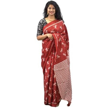 Kiaaron Womens Hand Block Kalamkari Batik Bagru Jaipuri Ikat Printed Handloom Pure Cotton Mulmul Traditional Ethnic Cotton Sarees With Printed Blouse Piece - Maroon