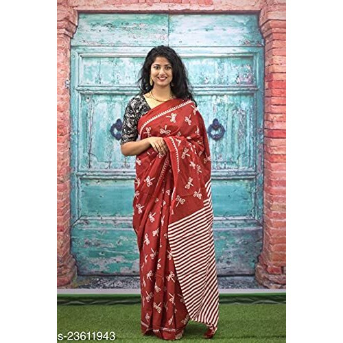 Kiaaron Womens Hand Block Kalamkari Batik Bagru Jaipuri Ikat Printed Handloom Pure Cotton Mulmul Traditional Ethnic Cotton Sarees With Printed Blouse Piece - Maroon