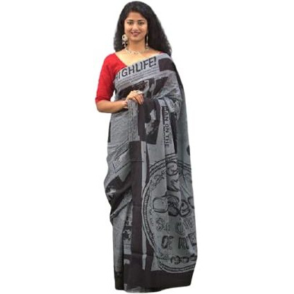 Kiaaron Womens Hand Block Kalamkari Batik Bagru Jaipuri Ikat Printed Handloom Pure Cotton Mulmul Traditional Ethnic Cotton Sarees With Printed Blouse Piece - Grey