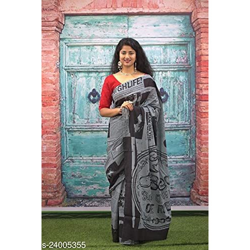 Kiaaron Womens Hand Block Kalamkari Batik Bagru Jaipuri Ikat Printed Handloom Pure Cotton Mulmul Traditional Ethnic Cotton Sarees With Printed Blouse Piece - Grey