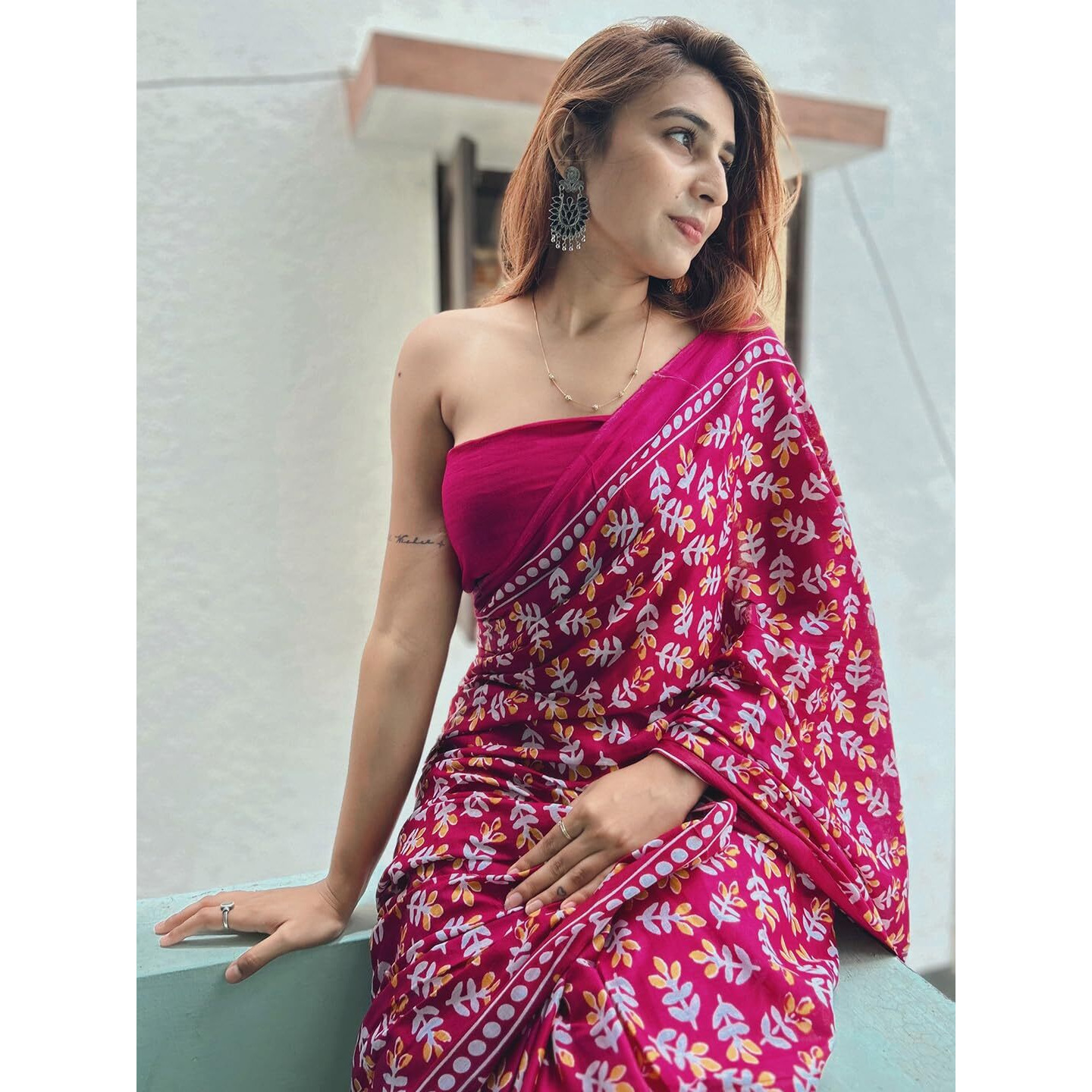 AKHILAM Womens Botanical Printed Pure Cotton Ready To Wear one Minute Saree With Unstitched Blouse Piece (Pink_RTWMINAXI1505_SMC)