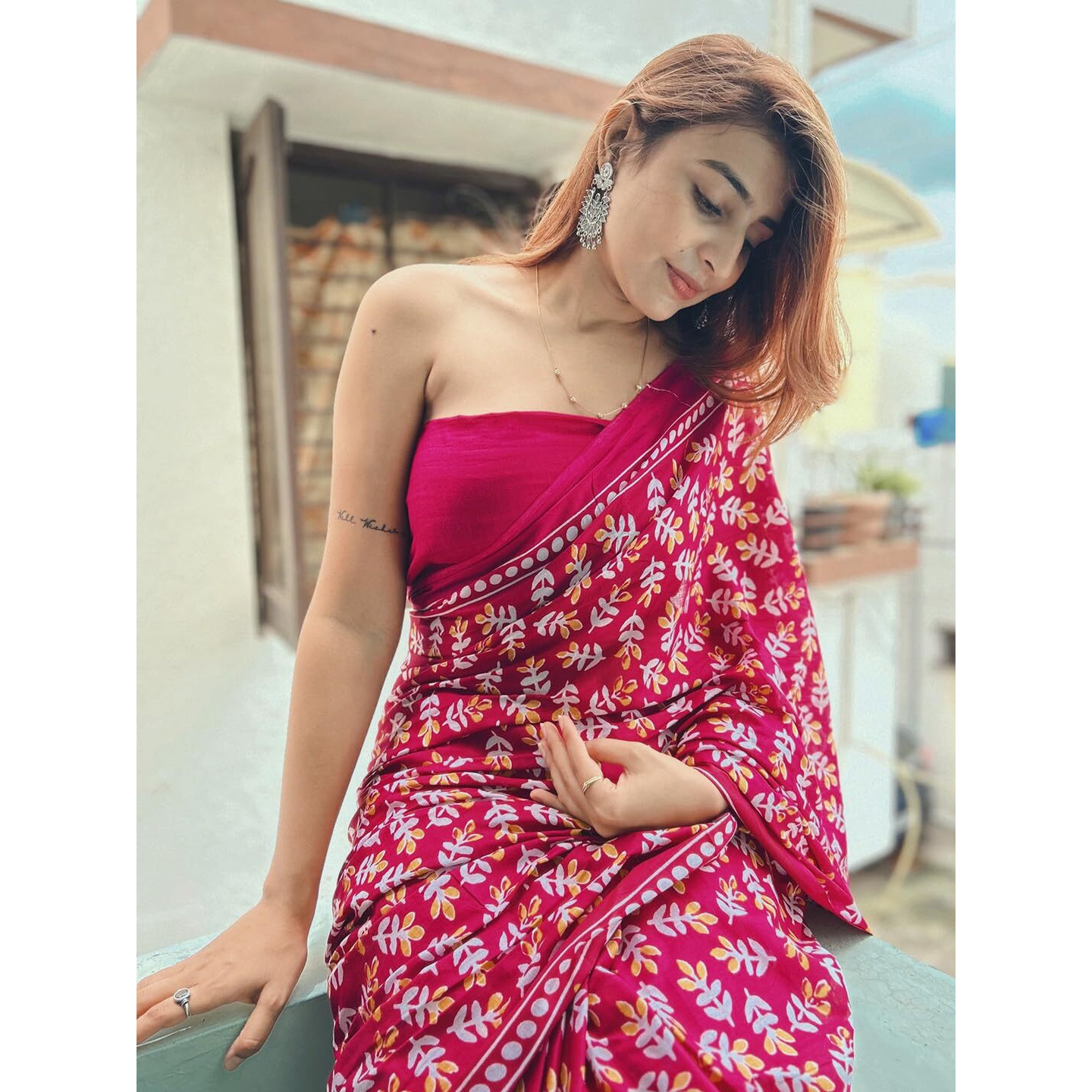 AKHILAM Womens Botanical Printed Pure Cotton Ready To Wear one Minute Saree With Unstitched Blouse Piece (Pink_RTWMINAXI1505_SMC)