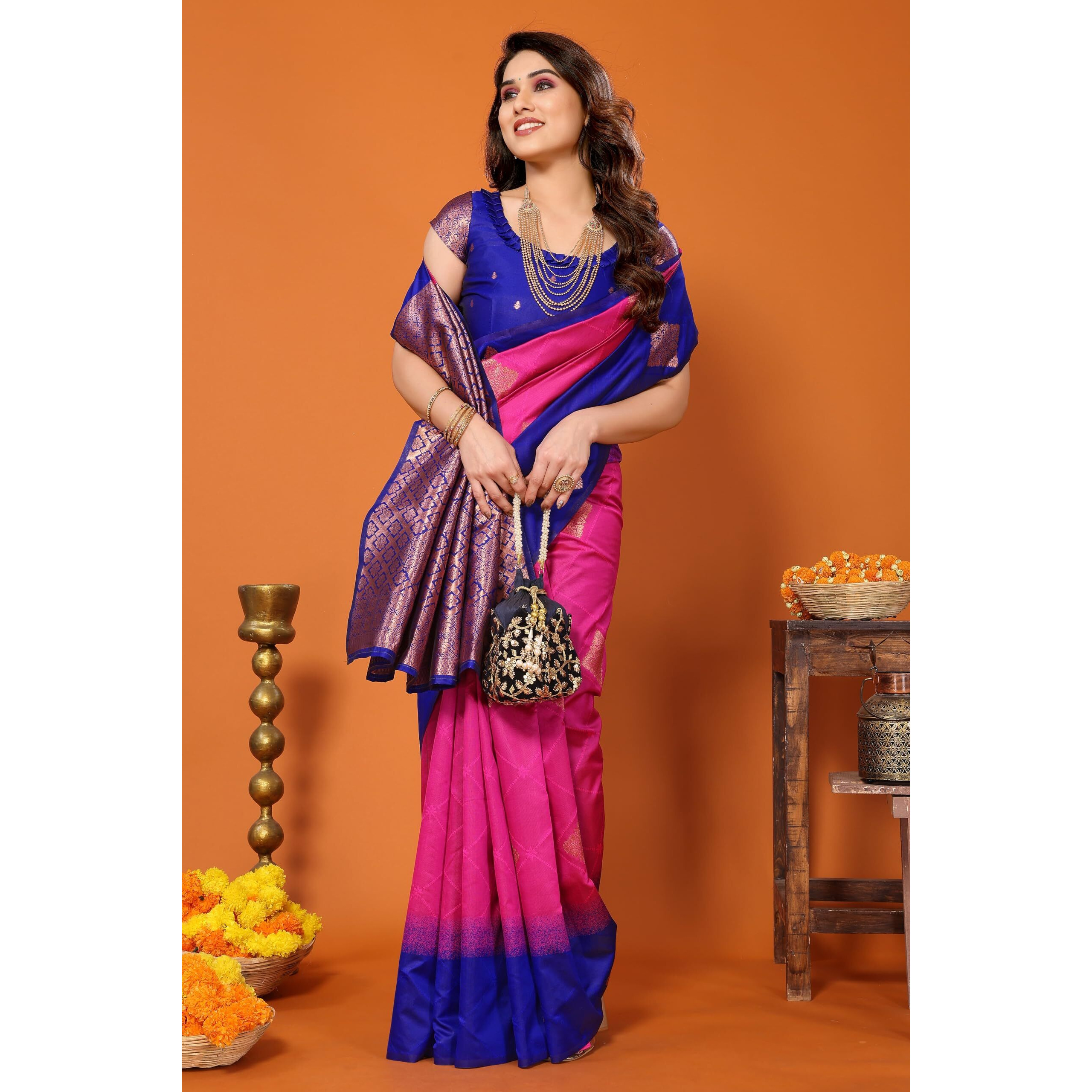 VJFASHION Women Paithani Soft Silk Saree With Blouse Piece_freesize(royalblue&pink)