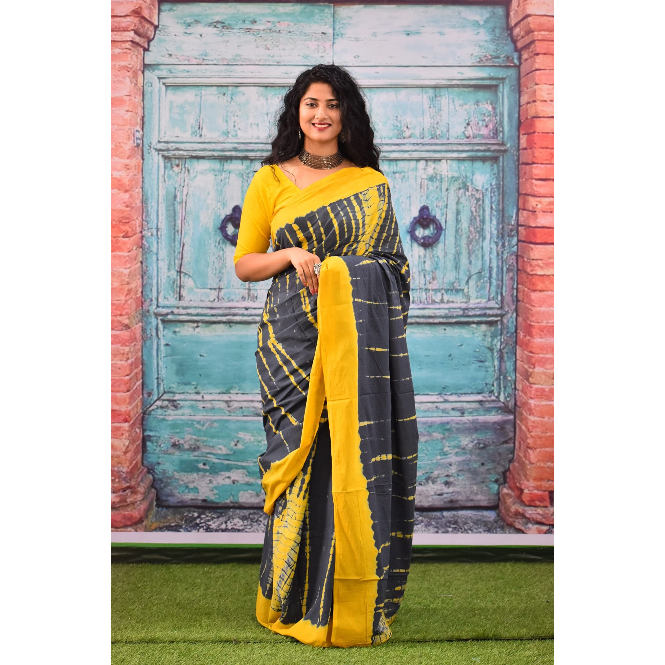 Kiaaron Womens Ikat Hand Block Print Jaipuri Cotton Mulmul Saree with Blouse Piece - Grey_215