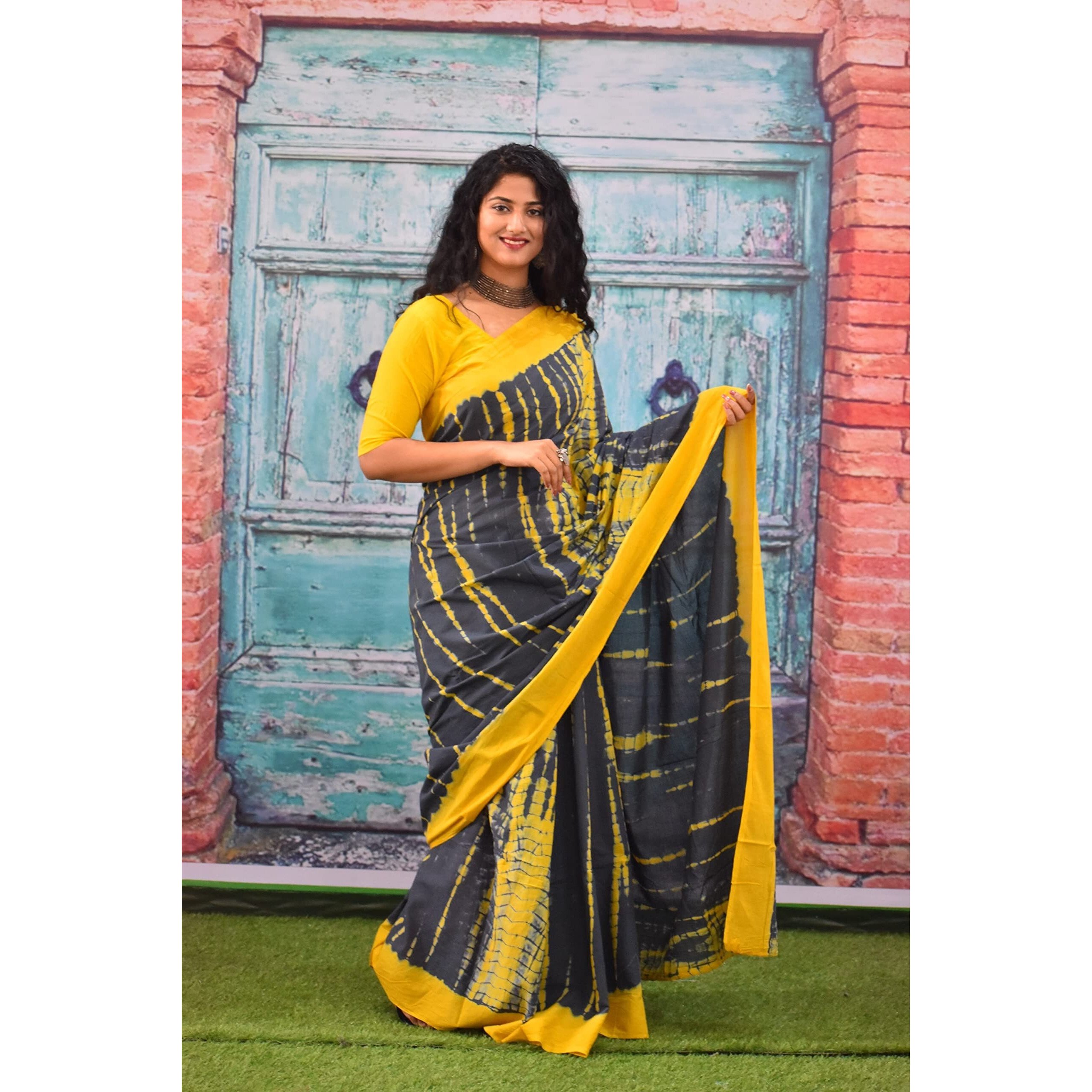 Kiaaron Womens Ikat Hand Block Print Jaipuri Cotton Mulmul Saree with Blouse Piece - Grey_215