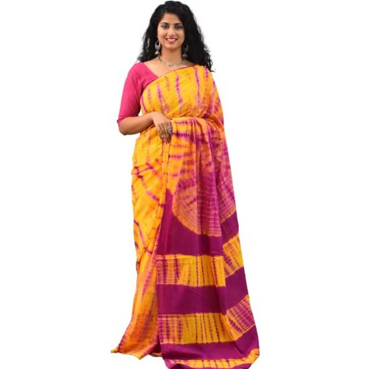 Kiaaron Womens Ikat Hand Block Print Jaipuri Cotton Mulmul Saree with Blouse Piece - Orange_214