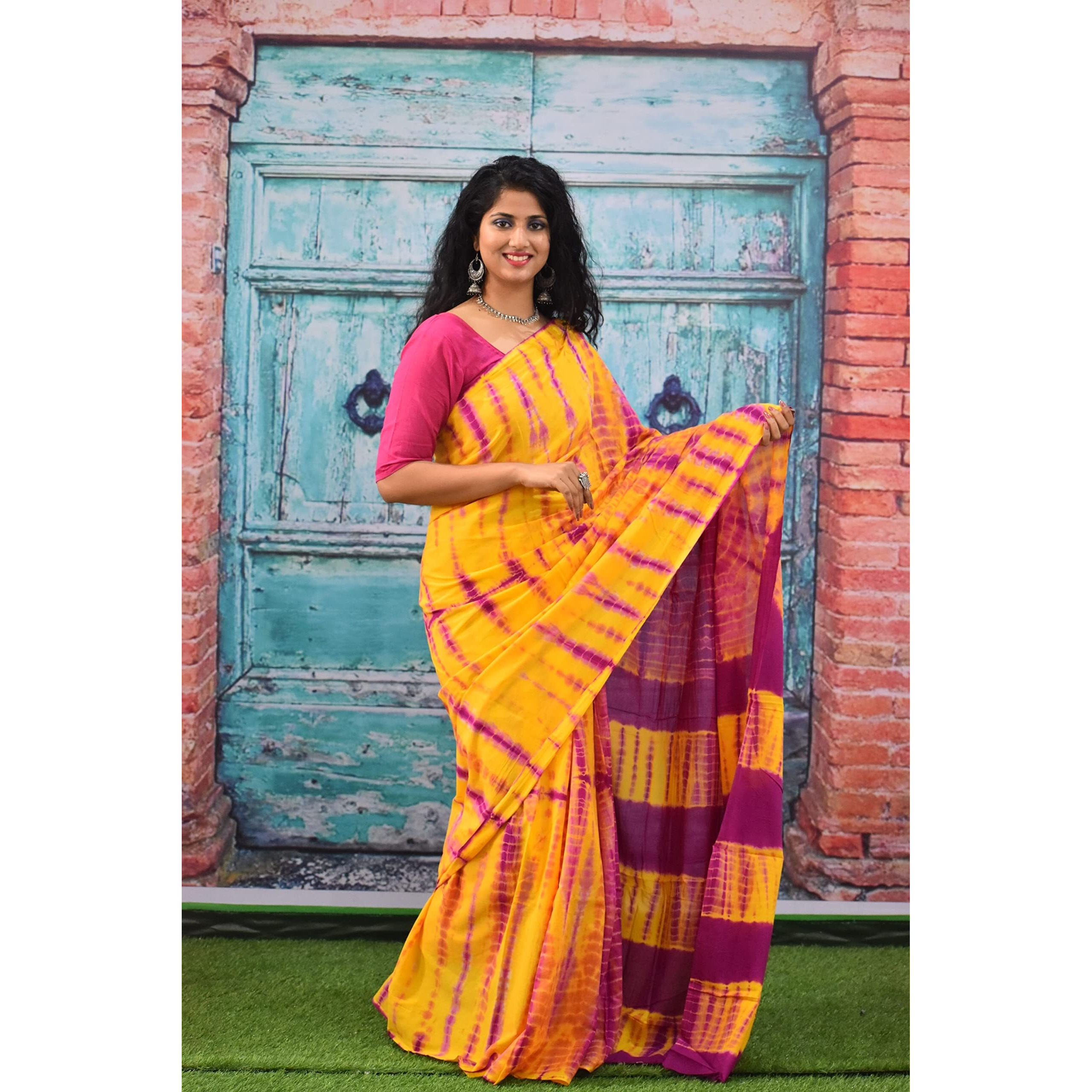 Kiaaron Womens Ikat Hand Block Print Jaipuri Cotton Mulmul Saree with Blouse Piece - Orange_214