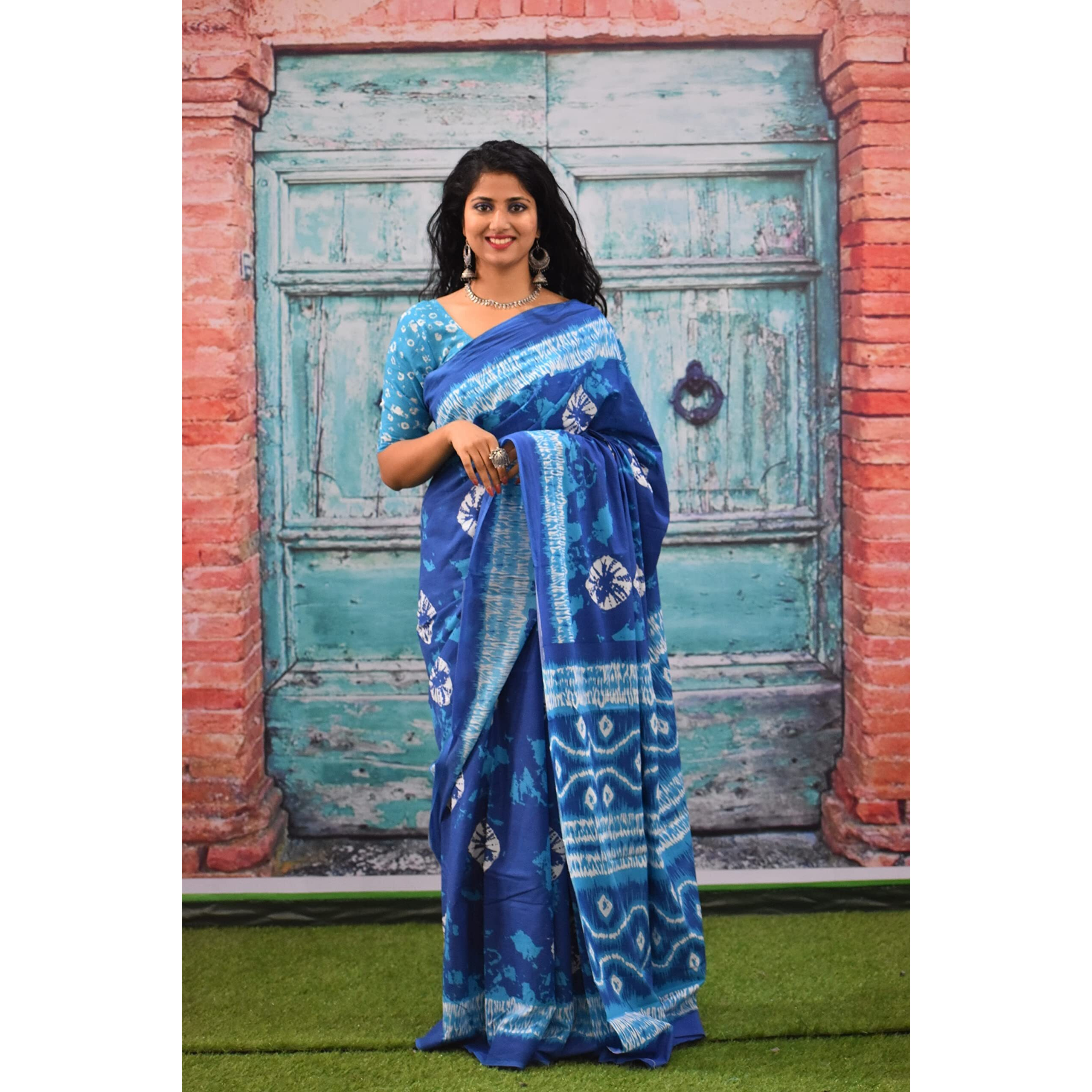 Kiaaron Womens Ikat Hand Block Print Jaipuri Cotton Mulmul Saree with Blouse Piece - Blue_212