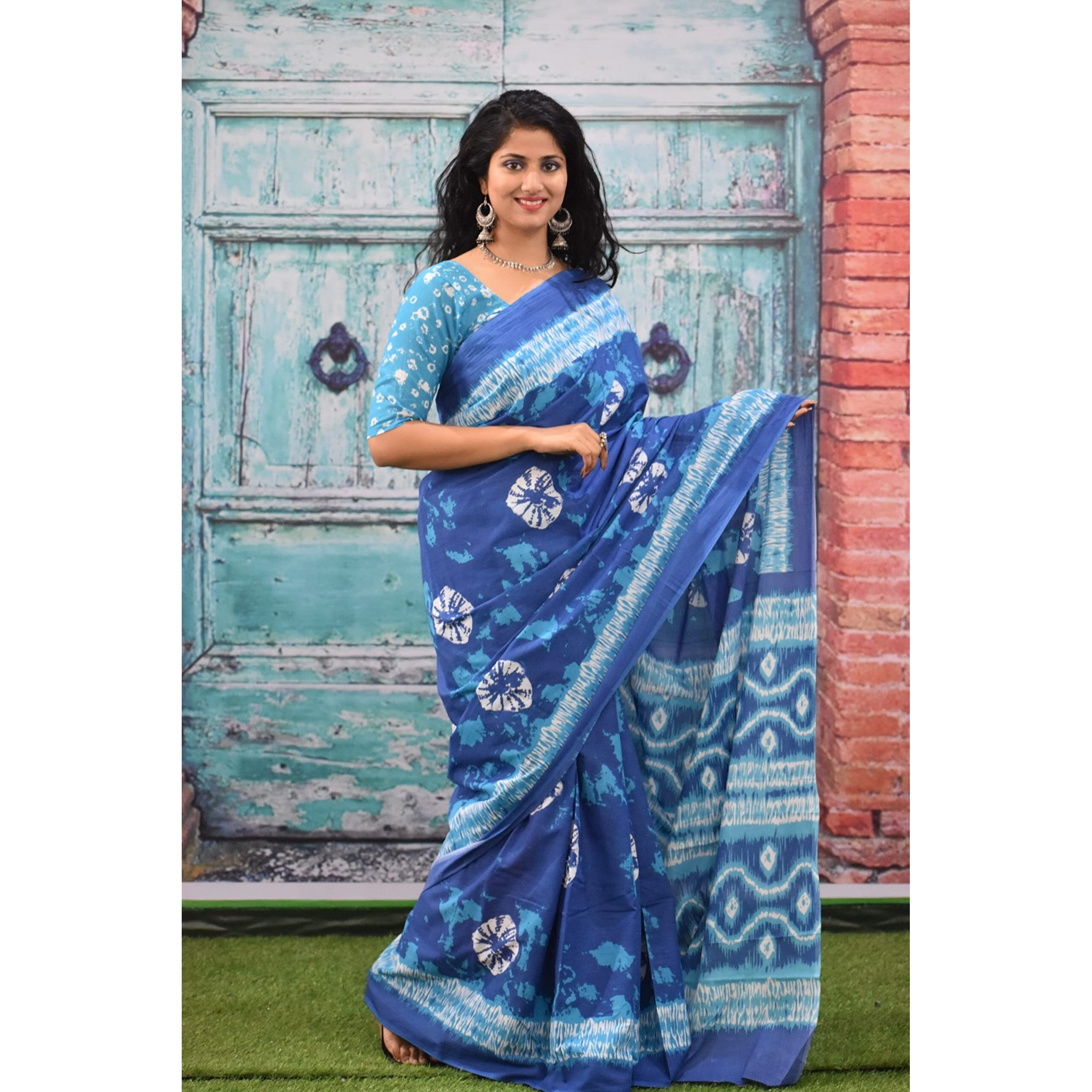 Kiaaron Womens Ikat Hand Block Print Jaipuri Cotton Mulmul Saree with Blouse Piece - Blue_212