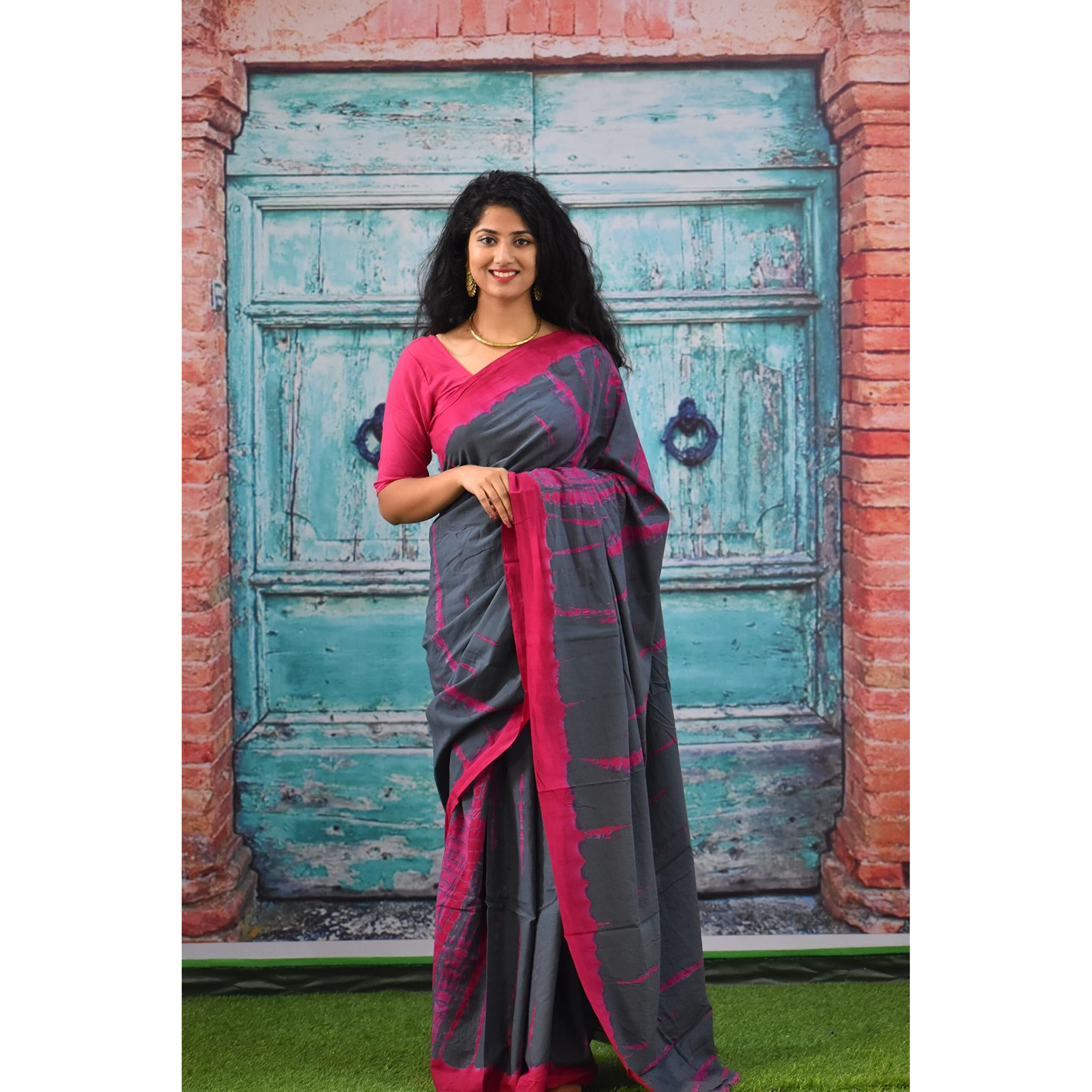 Kiaaron Womens Ikat Hand Block Print Jaipuri Cotton Mulmul Saree with Blouse Piece - Grey_209