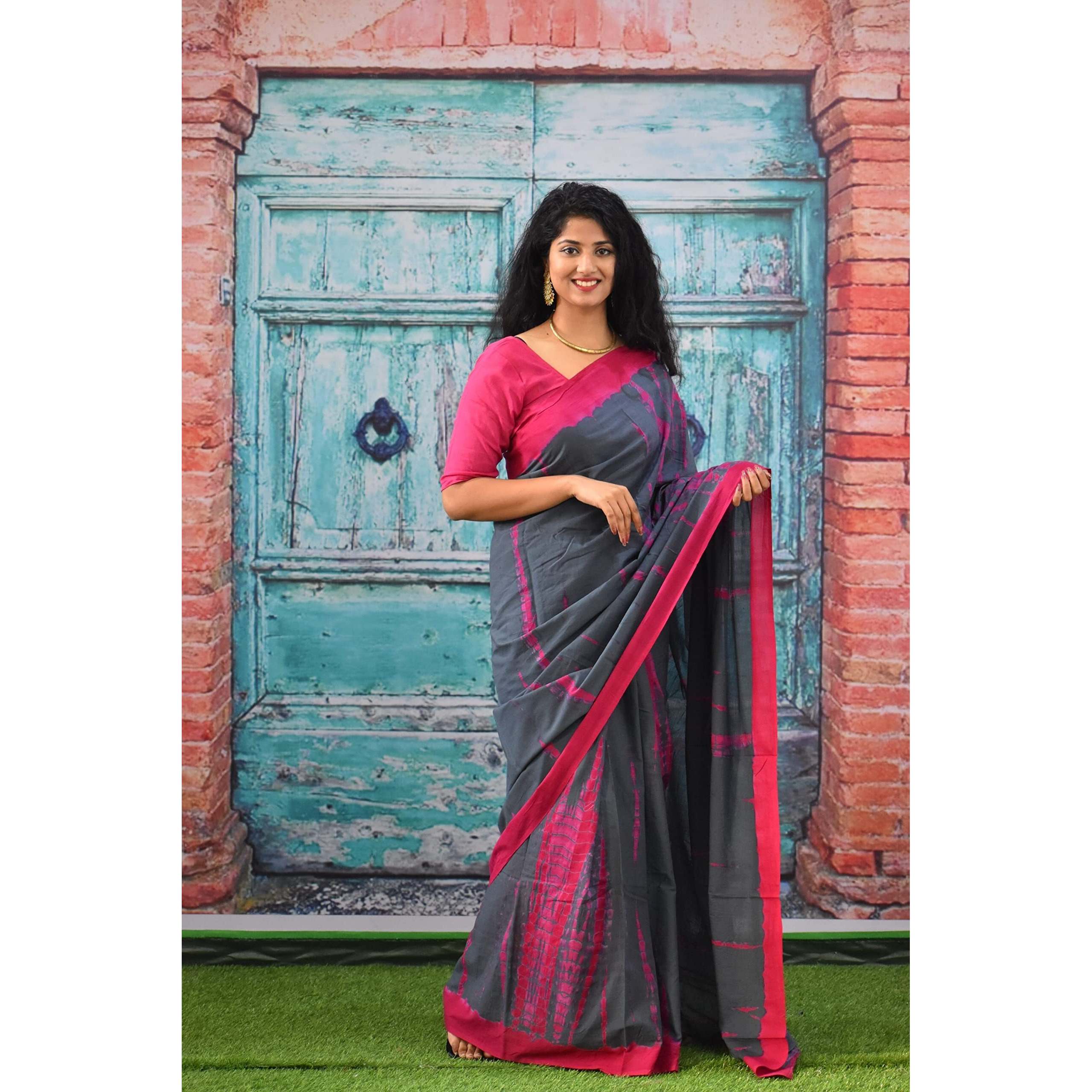 Kiaaron Womens Ikat Hand Block Print Jaipuri Cotton Mulmul Saree with Blouse Piece - Grey_209