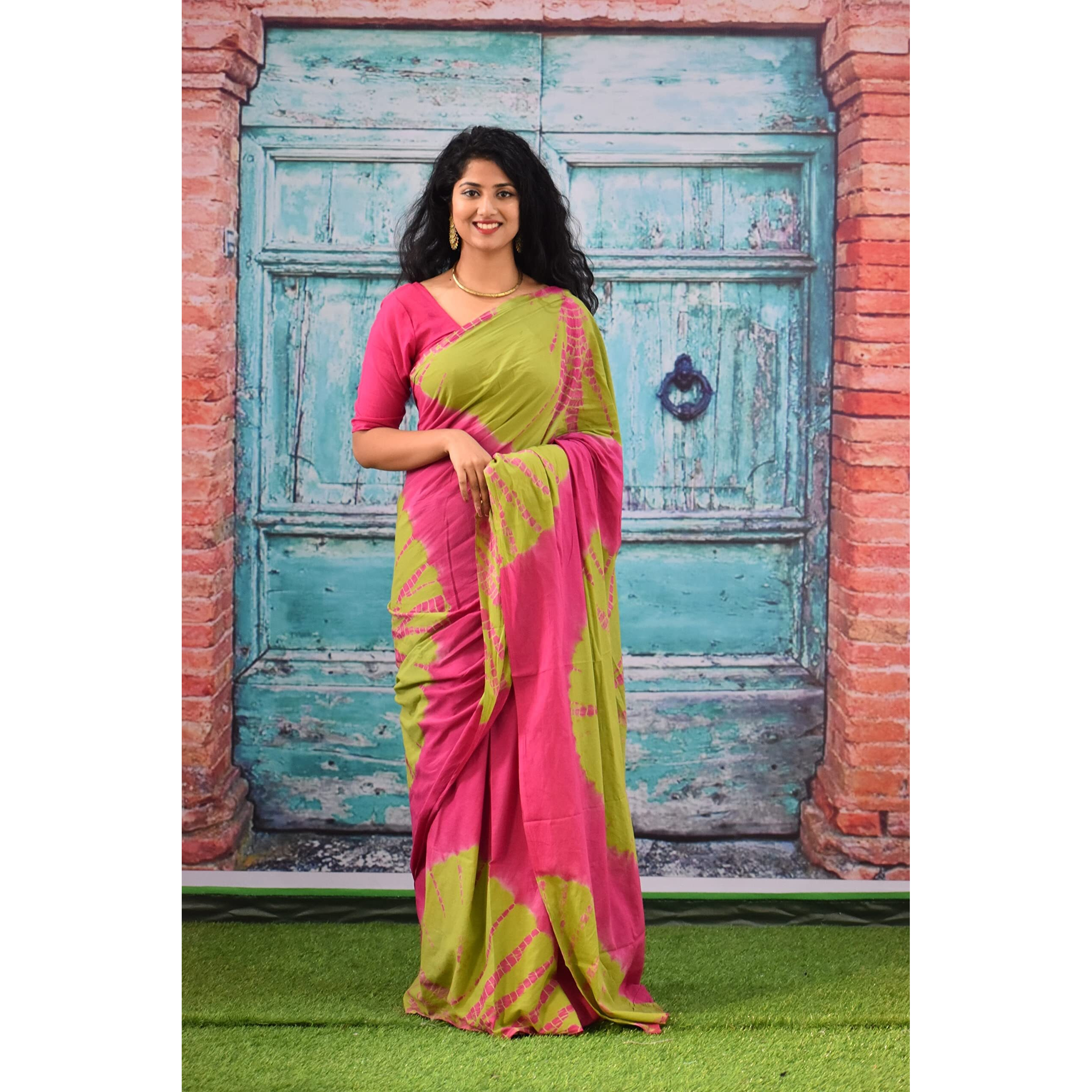 Kiaaron Womens Ikat Hand Block Print Jaipuri Cotton Mulmul Saree with Blouse Piece - Pink_210