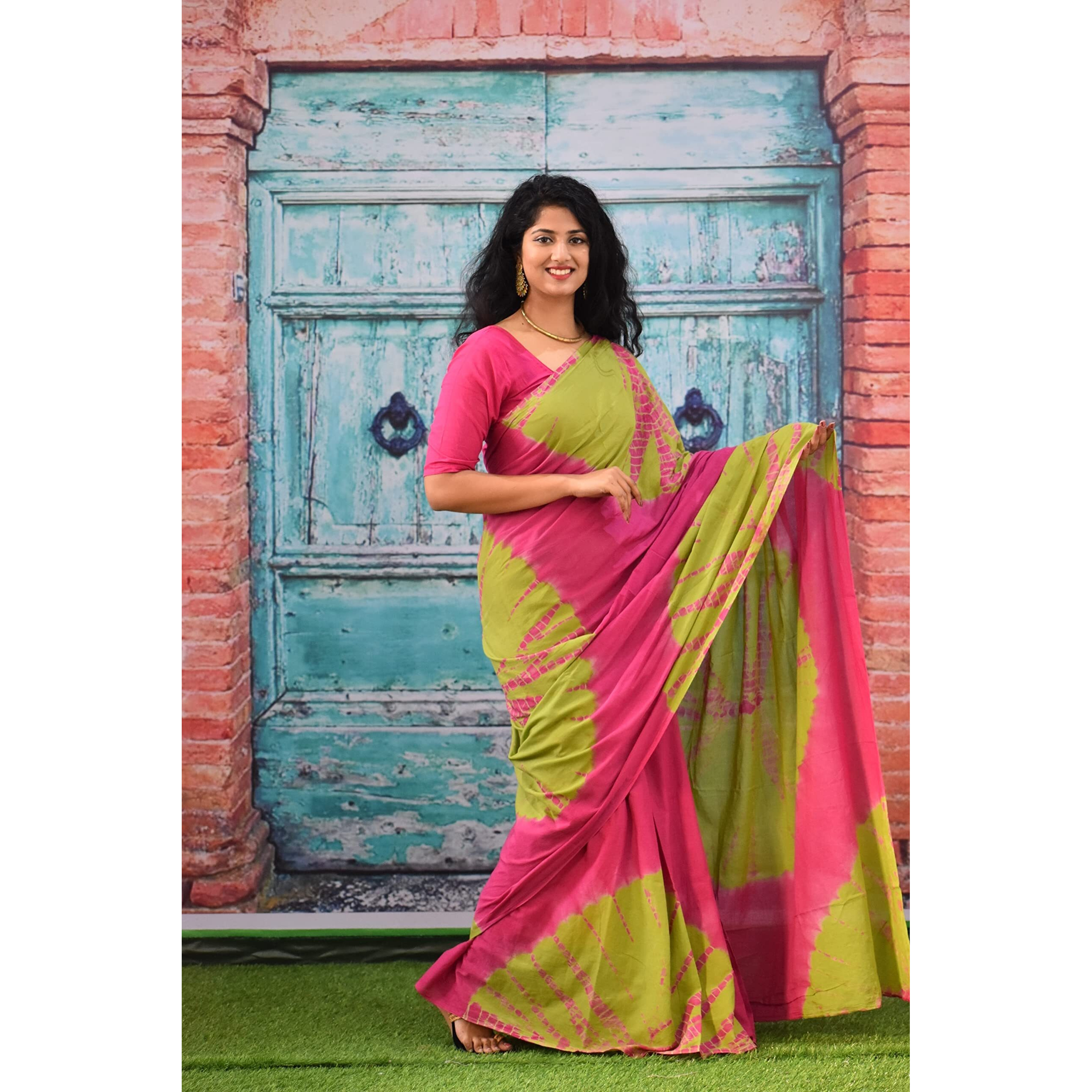 Kiaaron Womens Ikat Hand Block Print Jaipuri Cotton Mulmul Saree with Blouse Piece - Pink_210