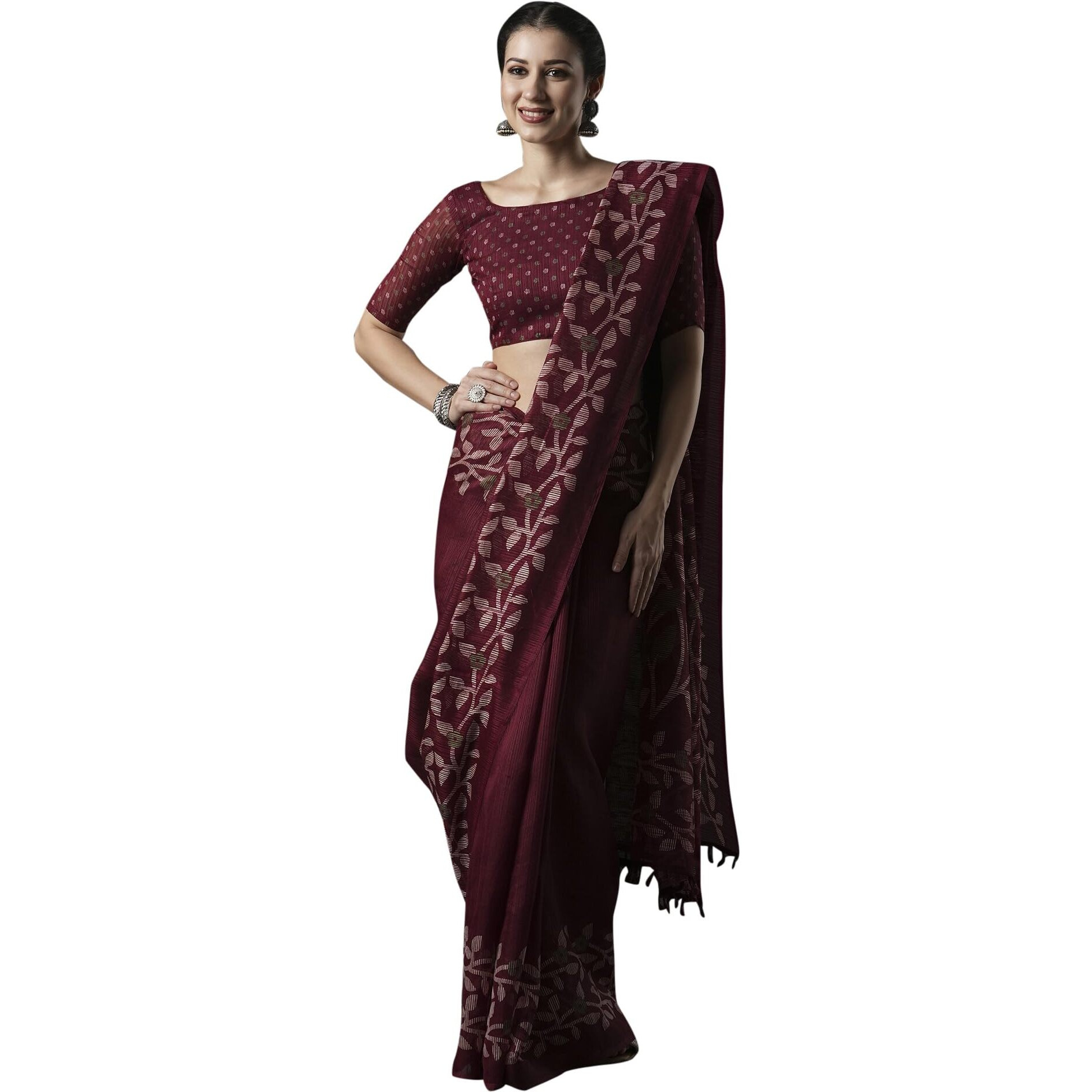 AKHILAM Womens Cotton Slub Botanical Printed Saree With Unstitched Blouse Piece(Burgundy_GRNS21D_HS)