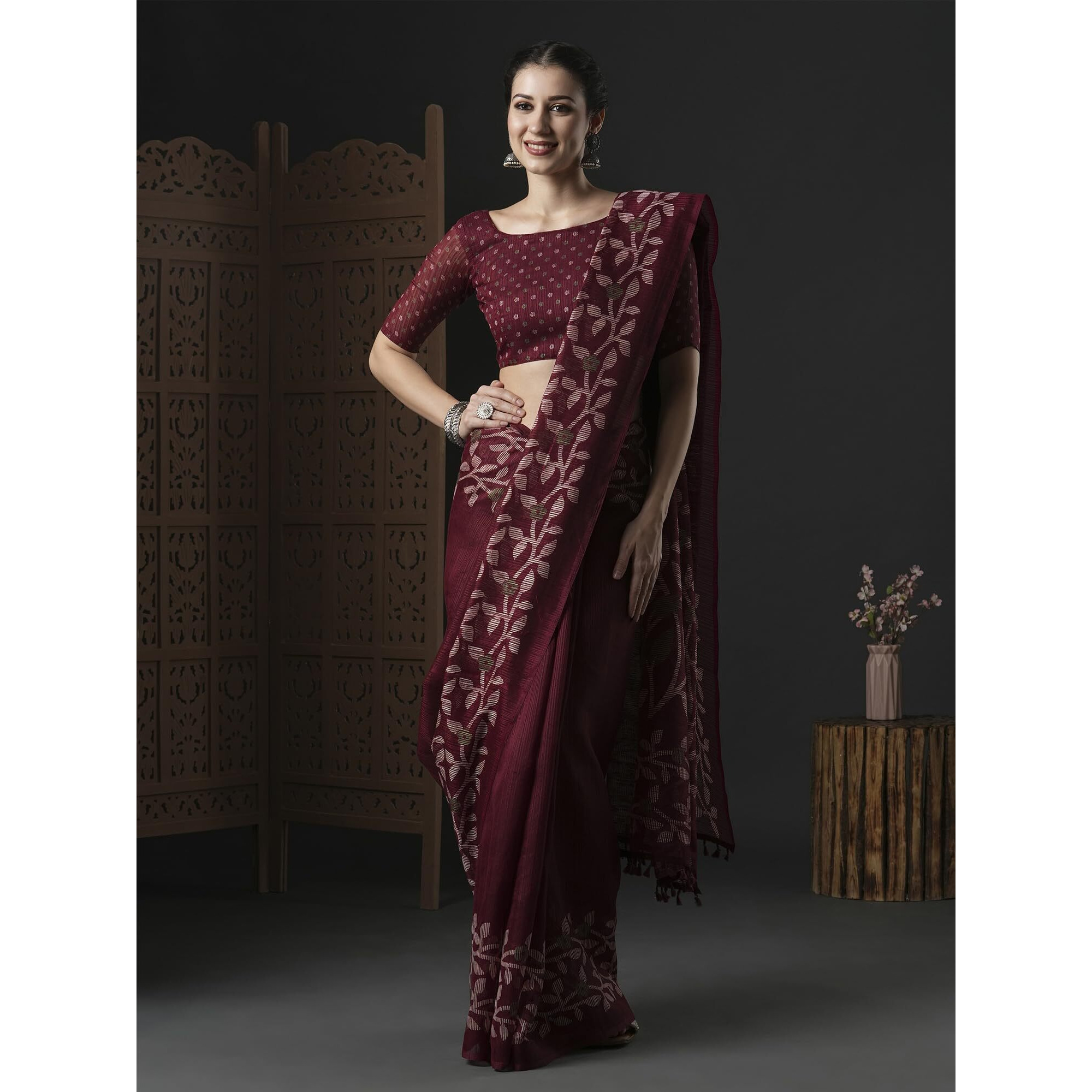 AKHILAM Womens Cotton Slub Botanical Printed Saree With Unstitched Blouse Piece(Burgundy_GRNS21D_HS)