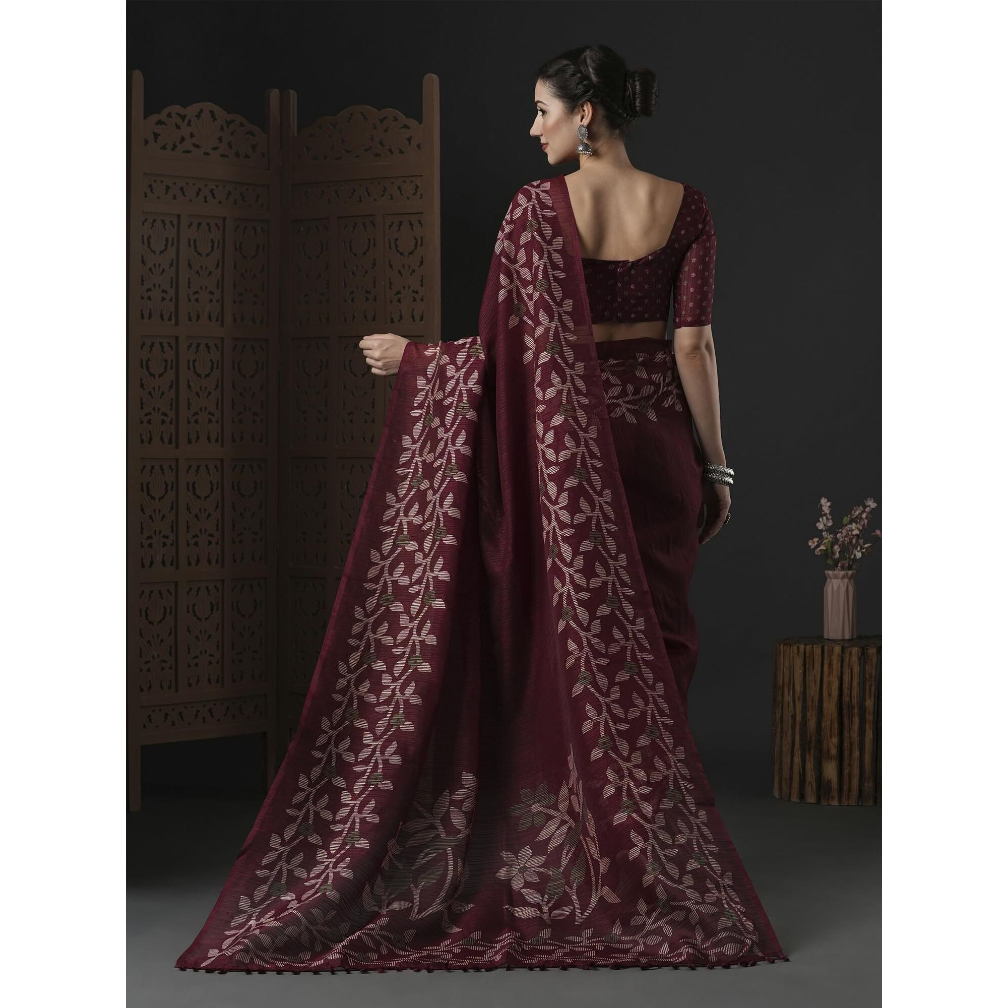AKHILAM Womens Cotton Slub Botanical Printed Saree With Unstitched Blouse Piece(Burgundy_GRNS21D_HS)