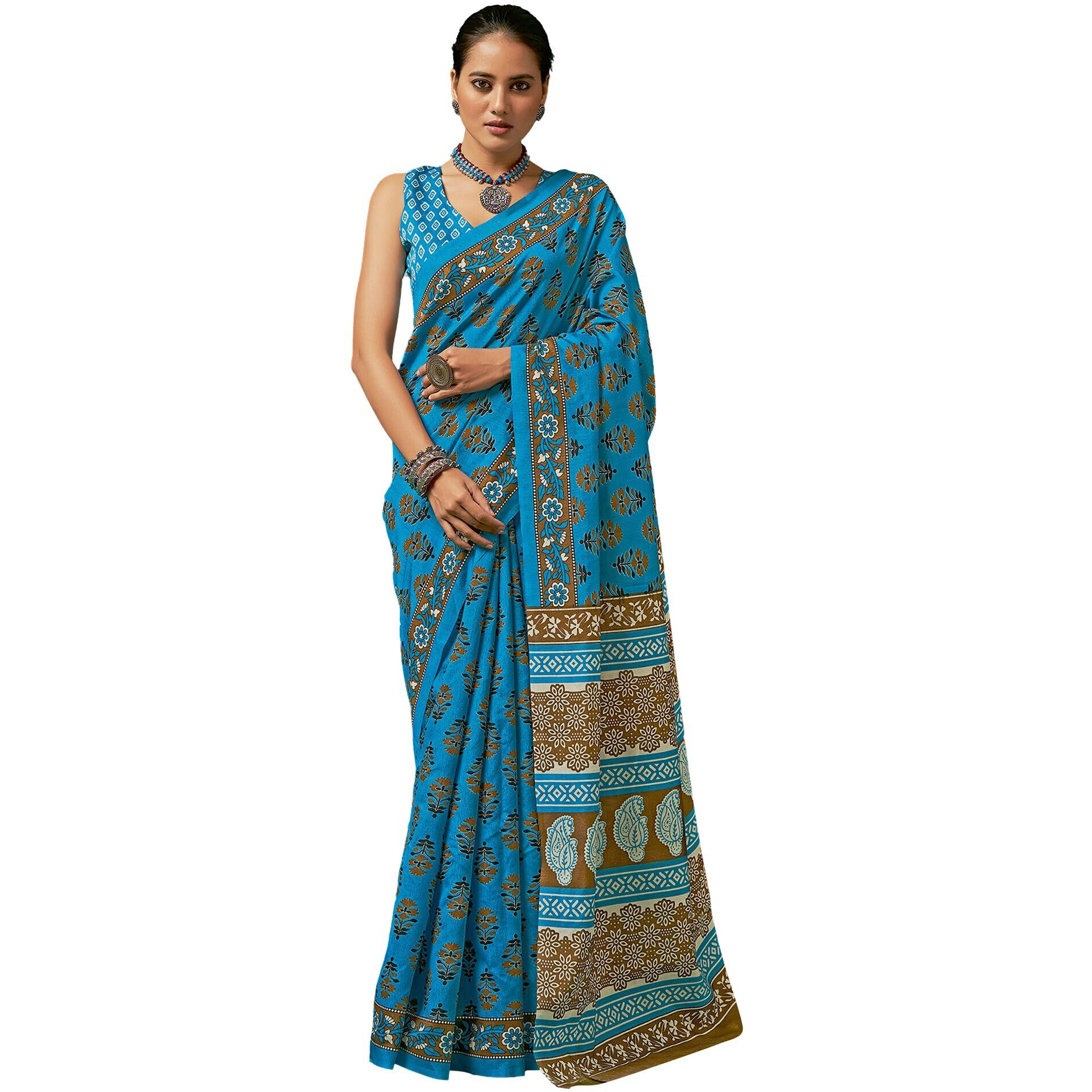 AKHILAM Womens Printed Bhagalpuri Silk Saree With Unstitched Blouse Piece (Blue_23WOM23908_HS)